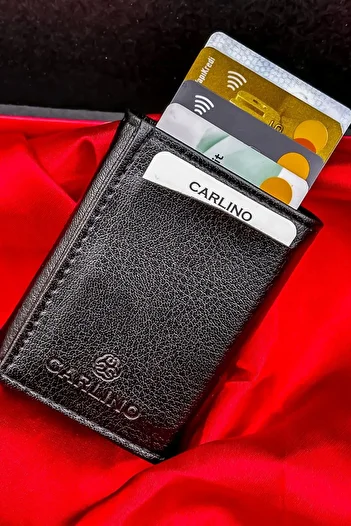 Carlino Unisex Black Leather Mechanism Card Holder Wallet with Automatic Slide