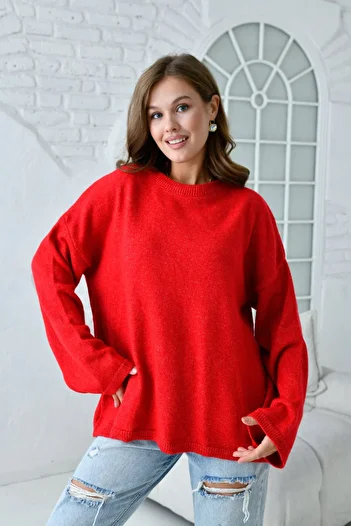 WOMAN VISION Red Oversize Knitwear Sweater - Off Shoulder, Wide Sleeve, Crew Neck 4091