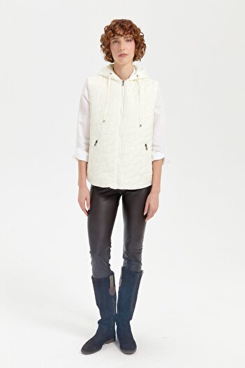 Desen Triko Leaf Patterned Hooded Women's Quilted Vest - Stone