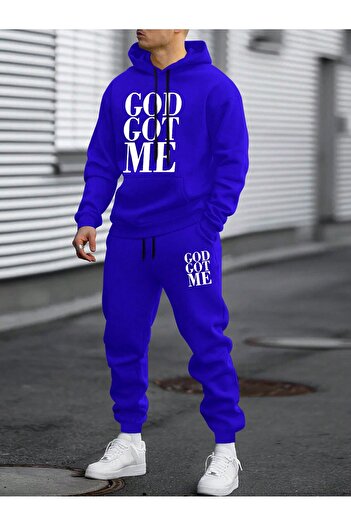 SeusCraft God Got Me Sweatshirt Eşofman Altı Jogger - Sax Mavi  Baskılı Alt Üst Eşofman Takımı Kapüşonlu