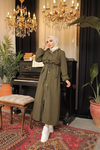 BURCU TESETTÜR Long Trench Coat with Waist Belt Detail BRC1908 Khaki