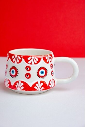 İlbay Çini Takı Ceramic Handcrafted Large Size Cup Mug Red Evil Eye Mug
