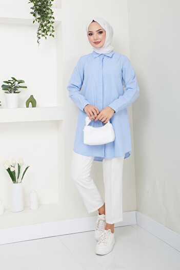 Eliva Γυναικείο Baby Blue Tericoton Boyfriend Hijab πουκάμισο με κρυφά κουμπιά