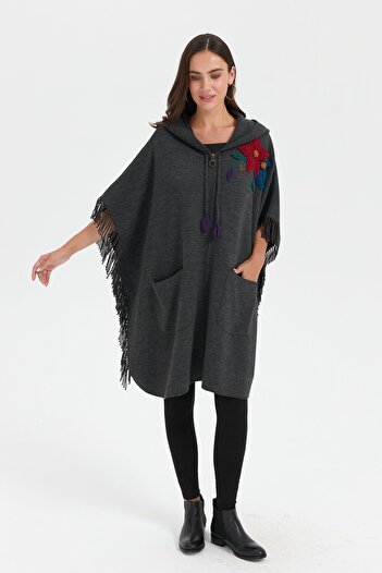 Desen Triko Women's Shoulder Floral Embroidered Poncho - Hooded, Smoked