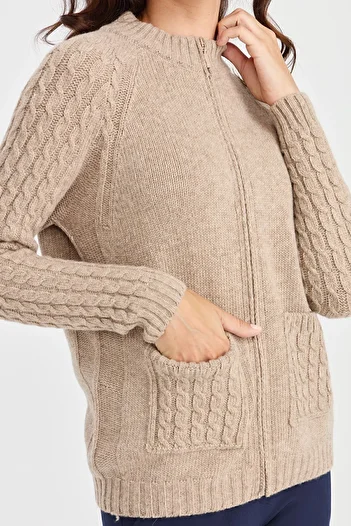 Desen Triko Women's High Collar Pocket and Sleeve Hair Knitted Wool Cardigan Red Beige