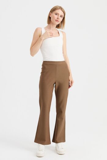 Desen Triko Women's Elastic Waist Flared Leg Tights Trousers Camel