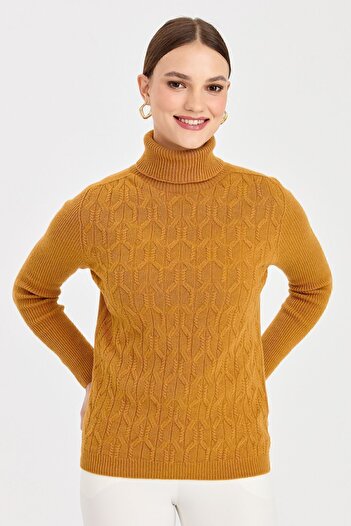 Desen Triko Women's Full Turtleneck Front Loose Wool Sweater Mustard