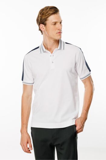 Desen Triko White Men's Polo Collar Shoulder Stripe T-Shirt