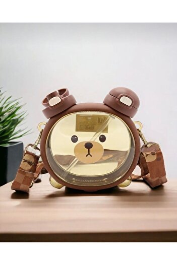 FASTSELLER Cute Teddy Bear Water Bottle, Double Lid, Children's Water Bottle with Straw Neck Hanging Water Bottle for School