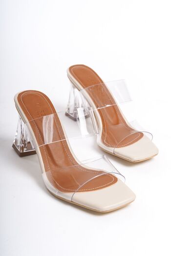 MARSEDO Esva Women's Beige Daily Heeled Slippers - Transparent Band, Blunt Toe