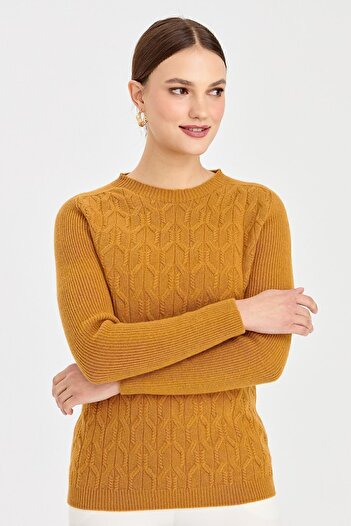 Desen Triko Women's Crew Neck Front Loose Wool Sweater Mustard