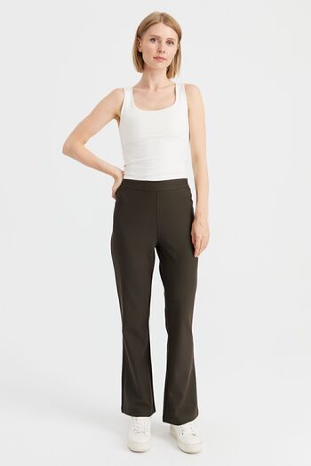 Desen Triko Women's Elastic Waist Flared Leg Tights Trousers Khaki
