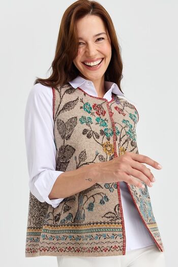 Desen Triko Women's Crew Neck Ivy Patterned Wool Vest Dark Beige