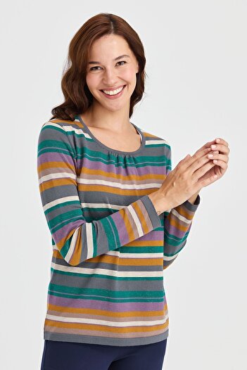Desen Triko Women's Crew Neck Striped Glittery Ligra Blouse Smoked