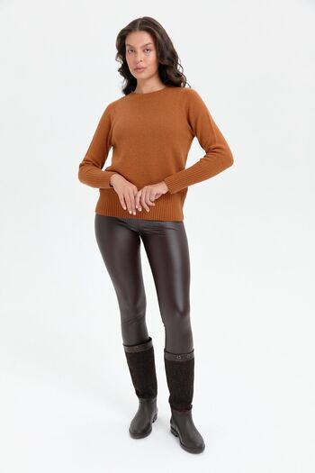 Desen Triko Cinnamon Color Long Rubber Wool Sweater - Crew Neck, Seamless Skirt and Sleeve