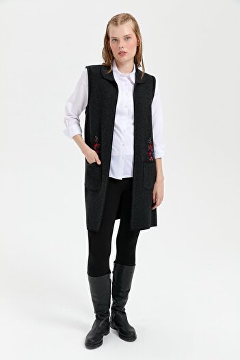 Desen Triko Women's Polo Neck Open Front Embroidered Long Wool Vest Black