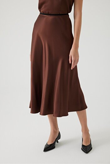 Exquise Regular Cut Satin Midi Brown Skirt