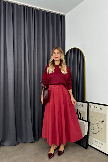 Sue Store Claret Red Parachute Skirt - Pocketed and Pleated
