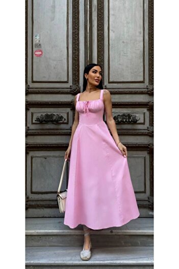 Meros Atelier Premium Candy Pink Midi Length Lace-Up Cotton Bell Dress
