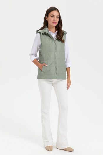 Desen Triko S.green Women's Quilted Vest - Triangle Pattern, Hooded, Short