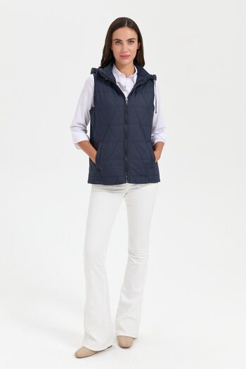 Desen Triko Navy Blue Women's Vest - Hooded, Triangle Patterned, Short Quilted