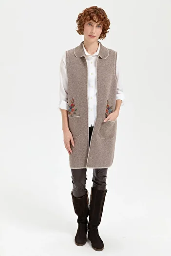 Desen Triko Women's Polo Neck Open Front Embroidered Long Wool Vest V.Beige