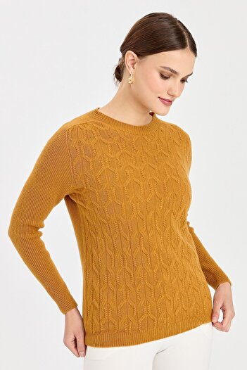 Desen Triko Women's Crew Neck Front Loose Wool Sweater Mustard