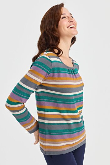 Desen Triko Women's Crew Neck Striped Glittery Ligra Blouse Smoked