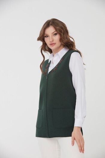 Desen Triko Women's V-Neck Embroidered Pocket Wool Vest Green