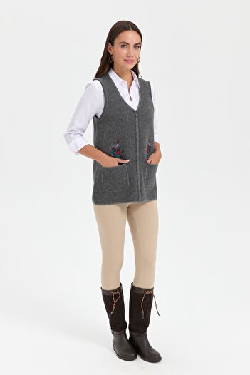 Desen Triko Smoke Colored Women's Wool Vest - V-neck, Embroidered Pocket