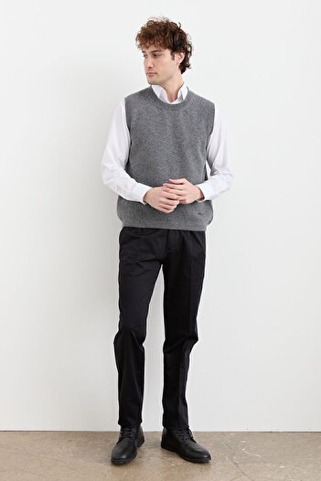 Desen Triko Men's Crew Neck Classic Wool Sweater Smoked