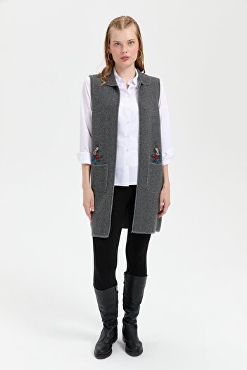Desen Triko Women's Polo Neck Open Front Embroidered Long Wool Vest Smoked