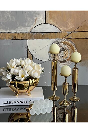 ArzzHome 3 Lü Angel Cam Mumluk & Şamdan Gold Titanyum + Krem Mum