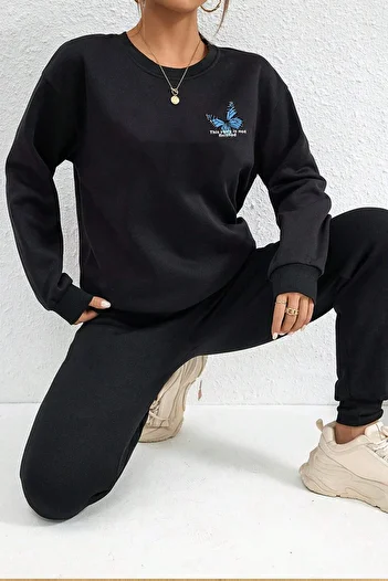 uyguntarz Σετ φόρμας Unisex Blues Butterfly Printed Crew Neck