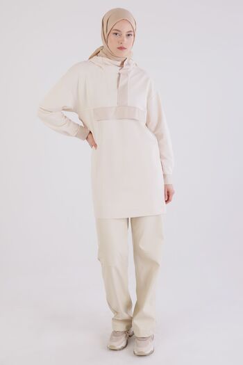 ALLDAY Ecru Leather Garnished Hooded Sweat Tunic