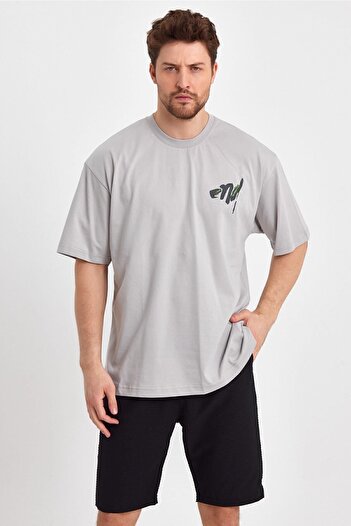 THE RULE Men's End Back Printed Oversize 100% Cotton Loose Wide Cut Crew Neck Soft Textured Gray T-Shirt