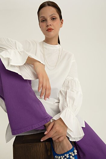 ALLDAY Ecru Ruffle Detailed Tunic with Elastic Sleeves