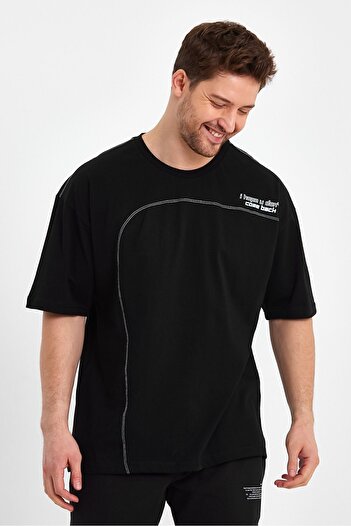 THE RULE Men's Black Oversize Fit Crew Neck Stitching Detailed Loose Cut 100% Cotton Printed T-shirt