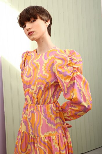 ALLDAY Lilac-yellow 100% Cotton Sleeves Ruffle Detailed Zipper Closure Ruffle Dress