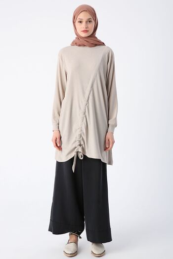 ALLDAY Stone Gathered Tie Detailed Crew Neck Tunic