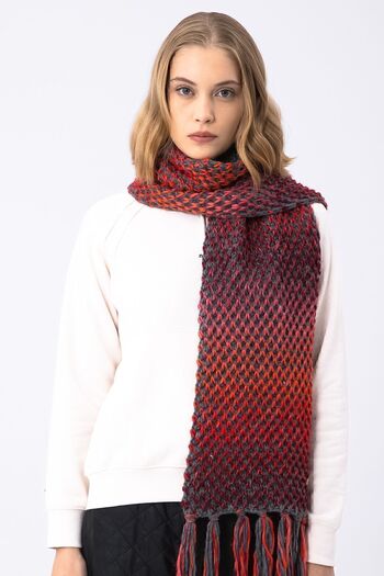 Nordbron Women's Dark Fuchsia Soft Textured Scarf Winter Colorful Knitwear Tasseled Flexible Carin Block Patterned