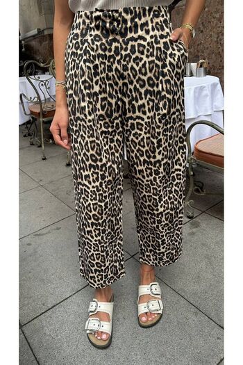DUSOHOME Wide Leg Leopard Trousers - Brown Color, Front Collar Detail