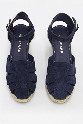 NILUFARR Navy Blue Suede Genuine Leather - Women's Heeled Sandals, Cannes