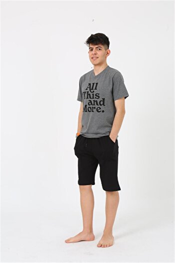 Akbeniz Men's Young Waiter Boy Short Sleeve Anthracite Combed Cotton Shorts Pajama Set 20377