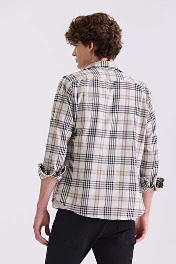 Jakamen Bej Slim Fit Üstten Düğmeli Ekoseli Gömlek