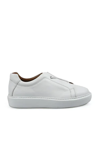 Jakamen White 100% Leather Stitched Sole Elastic Sneaker Shoes