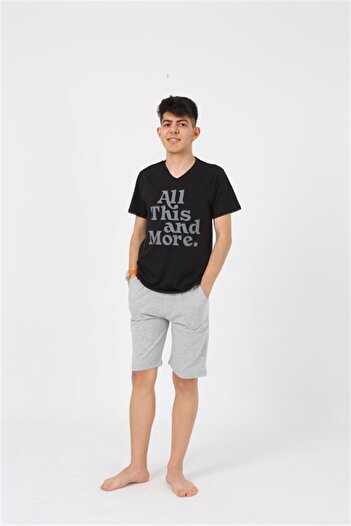 Akbeniz Erkek Genç Garson Boy Kısa Kol Siyah Penye Şortlu Pijama Takımı 20377