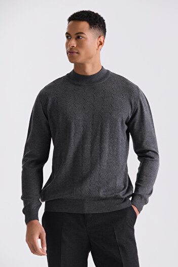 Jakamen Anthracite Classic Fit Patterned Half Turtleneck Knitwear Sweater