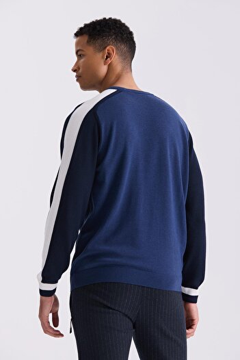 Jakamen Mavi Slim Fit Şerit Detaylı Bisiklet Yaka Triko Kazak