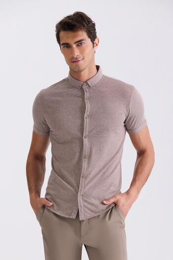 Jakamen Beige Slim Fit Shirt Collar Buttoned T-Shirt